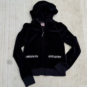 Y2K Juicy Couture Embellished Velour Black Track Vintage Hooded Jacket Womens L